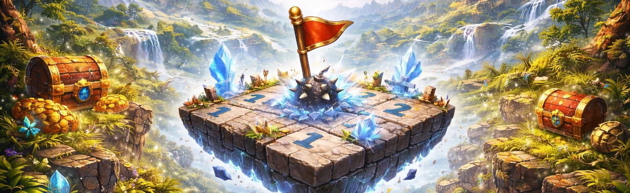 Démineur - Un plateau de jeu flottant entouré de cristaux et de coffres au trésor
